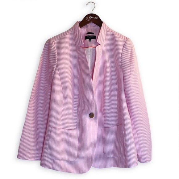 Talbots Aberdeen Linen Blend Pink and White Stripe Women's Blazer, Size 14W - Picture 2 of 11